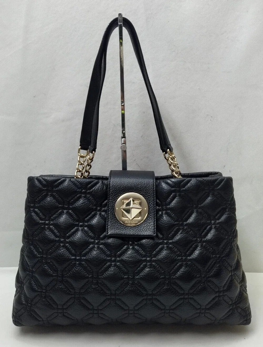 Kate Spade Black Leather Quilted Chain Strap Turnlock Satchel Shoulder Bag